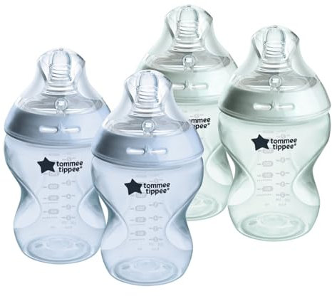 Tommee Tippee Closer to Nature Baby Bottles | Slow Flow Breast-Like Nipple with Anti-Colic Valve (9oz, 4 Count) | Blue & Green