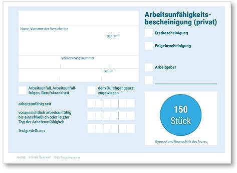 Frank Paperman® | 150x Blatt Attest block für Krankschreibungen | ungeblockt | Vordruck Arbeitsunfähigkeitsbescheinigung im DIN-A6-Format | Arzt Zubehör