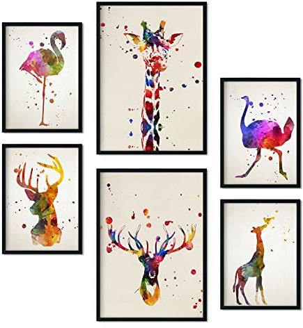 Nacnic Set von 6 Poster von Aquarelltieren. Sammlung von Platten mit ästhetischer Collage für Innendekoration. Größen A3 und A4. Rahmenlos