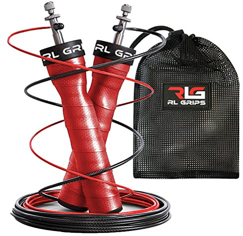 RL Grips™ Jump Rope J1 - Comba Velocidad para Crossfit, Gimnasio y Boxeo con Rodamientos 90º y Mango Antideslizante - Cuerda Saltar Ajustable con Mango Ergonómico Profesional (Rojo)