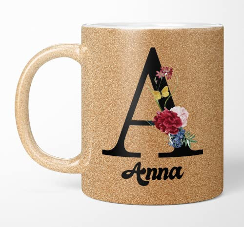 TassenTicker Glitzer Namens-Tasse mit Ihrem Anfangsbuchstaben und Namen - Kaffeetasse - Glitzer - personalisiert - Geburtstag - Kaffeebecher geschenke für Frauen - beidseitig bedruckt (Dunkelgold)