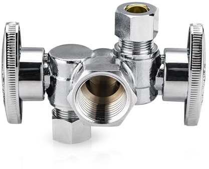 EFIELD 1/4 Turn Dual Compression Outlet Angle Stop Valve with 2 Shut Off Valve/Handles, 1/2 Fip Iron Pipe Inlet X (3/8 inch x 3/8 inch),Chrome Plated,(VALVE140)