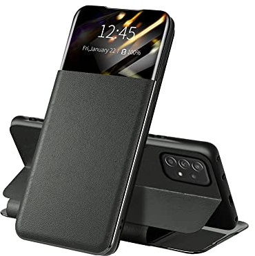 QINOUK Hülle für Samsung Galaxy A52, [stoßfest] Intelligente Klappe PU-Lederhülle, oberes Display, kleine Handyhülle mit Fenster [1 Fächer] [Standfunktion] kompatibel mit Samsung Galaxy A52-schwarz