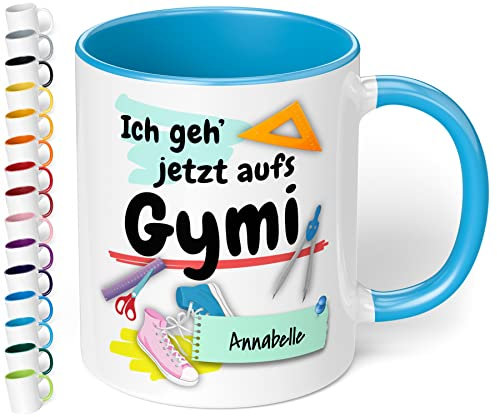 True Statements Geschenk zur Einschulung aufs Gymnasium mit Namen - Geschenk zur 5. Klasse - hochwertige Keramik Tasse mit Spruch Ich geh‘ jetzt aufs Gymi mit Wunschnamen (Hellblau)
