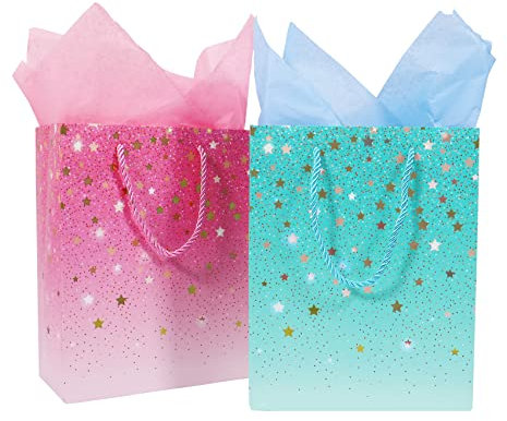 2 Pack Gift Bags with 4 Tissue Paper, Small Medium Gift Bag for Present, Birthday Gift Bag for Women, Wedding, Baby Shower, Graduation Party, Bridal Shower(Blue, Pink)