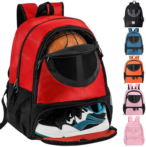 Basketballtasche, Rucksack für Herren und Damen, mit Ball- und Schuhfach, 30 l Fassungsvermögen, leicht, atmungsaktiv, für Jungen und Mädchen, Fußballtasche, Rot
