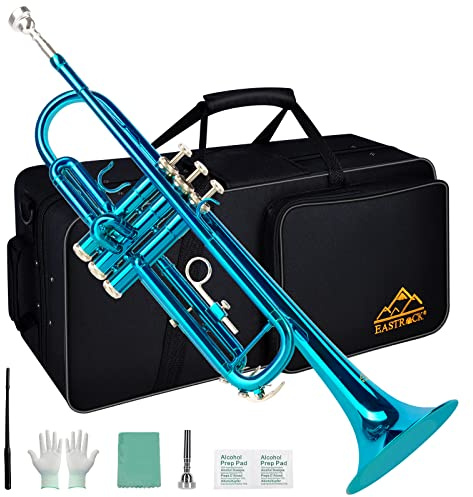 EASTROCK Bb Trumpet Standard, Brass Trumpet Instrument with Hard Case, Gloves 7C, Mouthpiece, Cleaning Kit for Student (Sea Blue)