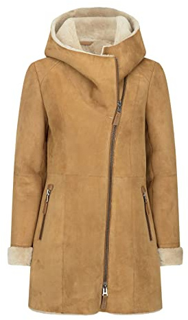 TruClothing.com Damen 3/4 Mitte Länge echte Schaffell Kamel Creme Vintage Toscana Kapuze Mantel - Kamel M