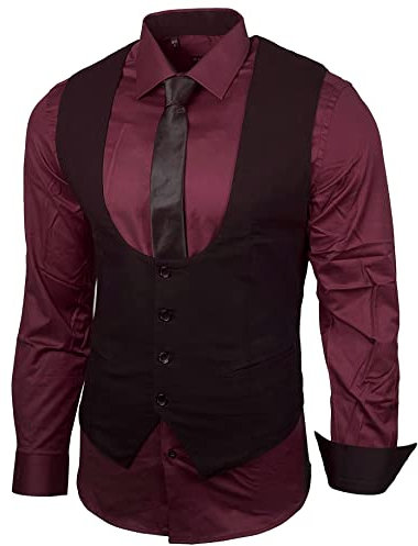 Herren Hemd Weste Krawatte Set Business Anzugweste Westen Slim Fit Smoking Frack Business Herrenanzug-Set Sakko B-101, Farbe:Bordeaux, Größe:L
