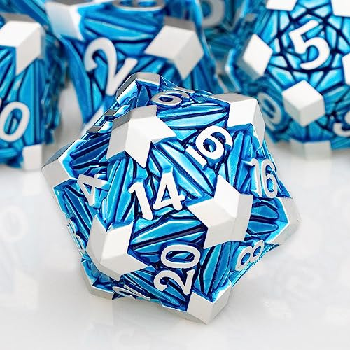 ORIFANTOU Set di 7 dadi in metallo per DND con scatola, dadi blu D e D per uso con giochi da tavolo D&D, set di dadi poliedrici D20 D12 D10 D8 D6 D4