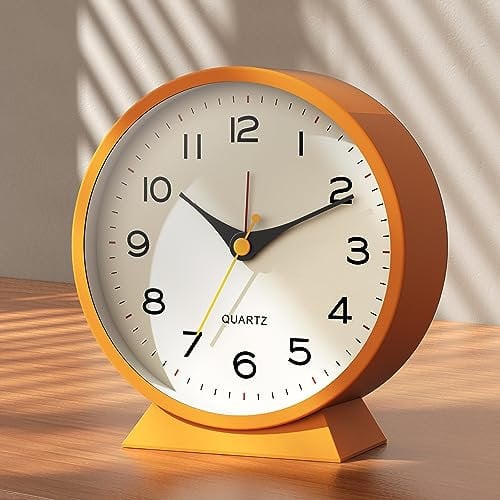 AYRELY 4.5 Analogue Alarm Clock, Small Retro Metal Desk Clock, Battery Operated, Silent and Non-Ticking, with Night Light for Bedside, Bedroom, and Living Room Decor(Orange)