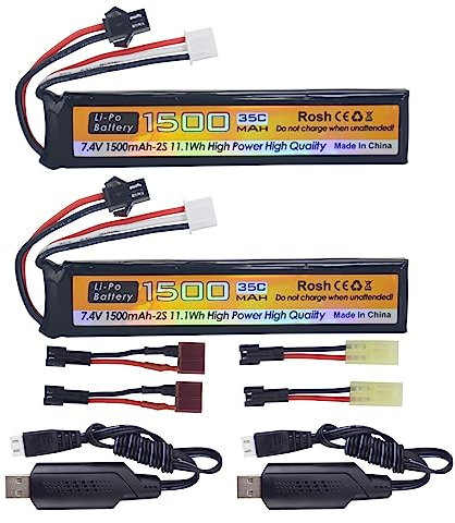2PCS 7.4V 35C 1500mAh Fiche SM-2P Fiche en T Fiche Odamiya Pile au Lithium & 2PCS Ligne de Chargement USB pour Airsoft Modèle Pistolets Fusils Voitures télécommandées Avion