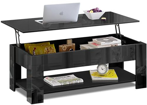 Blisswood High Gloss Coffee Table With Storage, Lift Top Coffee Table For Living Room, Wooden Black Coffee Table With 1 Shelf Large Hidden Storage Lift-Up Sofa End Tea Tables, Black