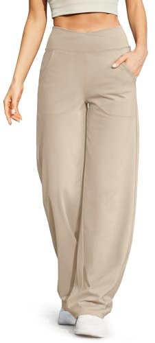 G4Free Yoga Pants for Women Wide Leg Joggers Trousers Crossover High Waist Loose Stretch Work Dress Casual Lounge Pants with Pockets(Petite,Light Khaki,M)