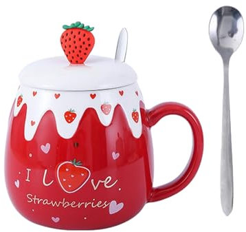 Tasse mignonne en céramique avec couvercle pour couple, maison, bureau, petit déjeuner, café, lait, fraise rouge (cuillère ordinaire) 450 ml