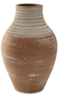 Signature Design by Ashley Reclove Casual Indoor Abstract Terra Cotta Tabletop Vase, White & Light Brown