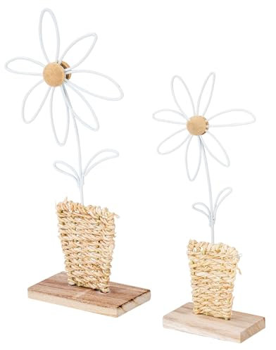 levandeo 2er Set Blume Deko-Aufsteller Metall Holz Weiß Natur Stroh Deko Boho Tischdeko Frühling Figur Wohndeko