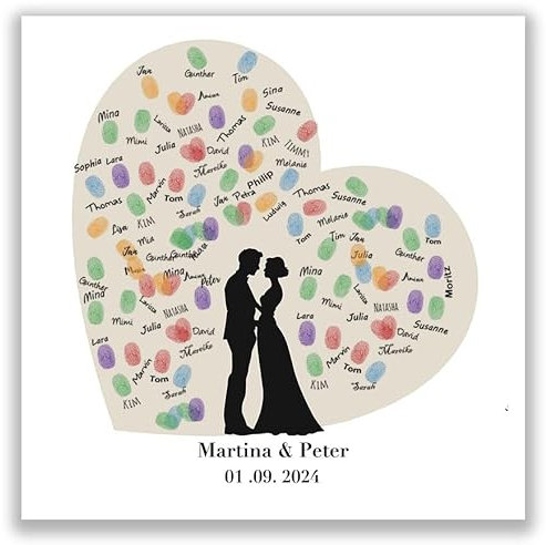 galleryy.net Personalisierter Fingerabdruck-Baum Hochzeit - Silhouette - Poster 40x40 cm - Individuell mit Namen & Datum - INKL. Zubehör-Set mit Stempelkissen und Stift