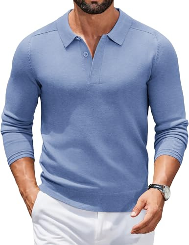 COOFANDY Jersey para Hombre Cuello Polo Jersey Manga Larga Suéter de Punto Negocios Suéter Informal Sweater Básico Color Sólido Regular Fit Azul L