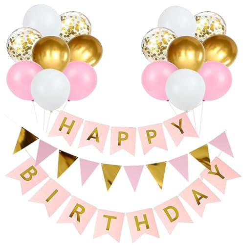 Luftballons Geburtstag Dekoration Set, rosa Gold Geburtstagsdeko Happy Birthday deko Banner Party Deko Geburtstag Set mit 16pcs Luftballons Konfetti Ballons Dreiecksflaggen Girlanden(rosa+Gd+SJQ)