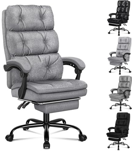ALFORDSON Grande Chaise de Bureau, Chaise de Bureau à Double Couche, Inclinable à 150° et Pivotante à 360°, Chaise de Travail Pivotante à Haut Dossier avec Repose-Pieds, Tissu Lin, Gris