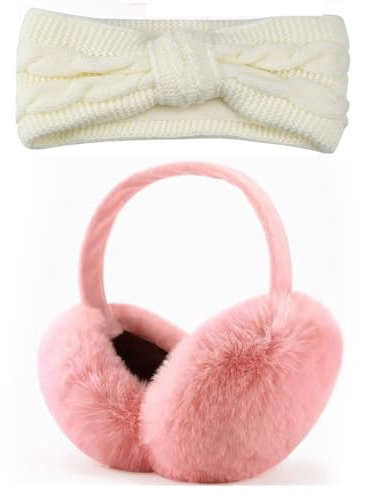 LPAMABA 2 Stück Winter Ohrenwärmer Winter Plüsch Ohrenschützer Faltbare Ohrwärmer Earmuffs mit Stirnband Damen Stirnband Kinder Mädchen Elastische Haarschmuck Kälteschutz Winterzubehör, Rosa+Weiß
