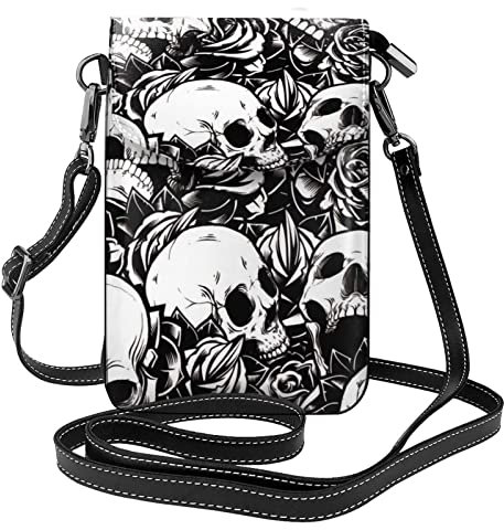 Schwarze Umhängetasche mit Totenkopf-Motiv, Leder, Handytasche, Geldbörse, kleine Umhängetasche für Mädchen und Frauen, Schwarz , Einheitsgröße