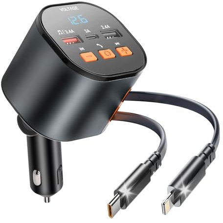 Ktilura 81W Bluetooth Car Adapter with Retractable Multi Charger Cable,FM Transmitter Radio Receiver, Handsfree Calling & Audio Receiver, MP3 Music Player, LED Display Hands-Free Calling Support USB