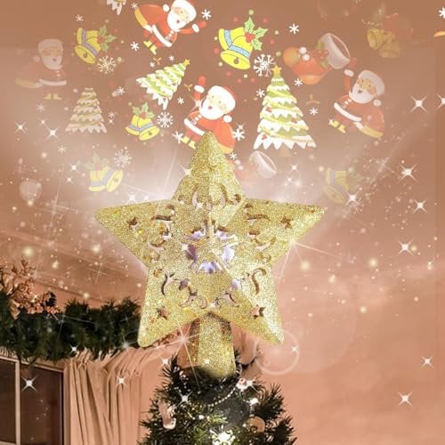 Weihnachtsbaum Topper Dekorationen - 3D Santa Glittered für Weihnachtsdekoration Gold Star Licht Baum Topper mit LED rotierenden Projektor für Urlaub Baumdekoration(Gold-Star)
