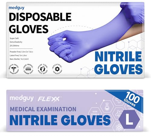 Medguy Lot de 100 gants d'examen en nitrile, non poudrés, sans latex, de qualité alimentaire, non stériles, pour examen médical, violet, taille L