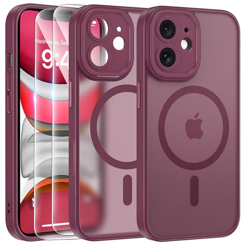 FLLAO Cover Magnetica per iPhone 11 Custodia e 2 Pellicole in Vetro Temperato, Cover iPhone 11 Compatibile con Magsafe, Traslucida Opaca Posteriore Sottile Antiurto Protettiva Case, Rosso Scuro