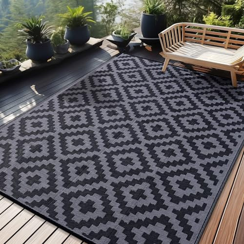 Homaxy Outdoor Teppich Wetterfest, Kunststoff Stroh UV-beständig Wendbar Faltbar Waschbar Balkon Garten Teppich für Terrasse Camping Picknick (240 x 300 cm, Schwarz & Grau)