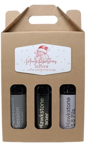 Personalised Christmas Design Kraft Beer Box Carrier & 3 Bottles of Beer Gift Set For Men, Dad, Son & Grandad (Hawkstone Beer 4.8% vol) (Father Christmas Design)