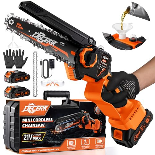 Decerk Brushless Cordless Chainsaw - 2025 Upgraded 6 Inch Electric Mini Chain Saw with 2PCS 2000mAh Batteries Powered, Handheld Chainsaws with Automatic Oiler & Tool-Free Chains for Tree Wood Branch