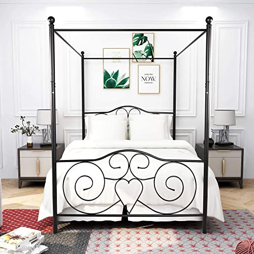 HAHRIR Double Canopy Bed Frame Platform,135x190cm Double Size Bed Frame with Vintage Headboard and Footboard, Heavy Duty Steel Slats and Support with Mattress Foundation,Black