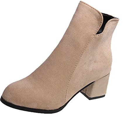 Stivali da donna in pelle scamosciata con cerniera laterale stivaletti grandi dimensioni tubo basso tacco alto tacco spesso stivali da donna tacchi in pelle per le donne, Beige, 37.5 EU