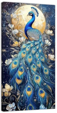 ZQQART Pfauen Wandkunst schöne Pfauenfeder Leinwanddrucke Pfauenvögel auf den Zweigen Gemälde Tierdrucke Kunst Schlafzimmerdekor gerahmt(Blau,40x80cm)