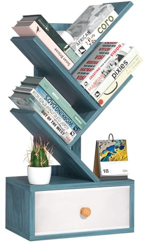 LELELINKY Bücherregal Baumform mit Schublade, Bücherregale Holz Klein, 4 Ebenen Standregal Das auf Tischplatte Platziert Werden Kann, DVD Bücher Regal für Wohnzimmer, Schlafzimmer und Heimbüro Blau