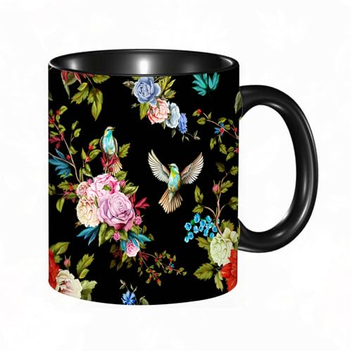 HRRASFAZF Tasse Kaffeetassen,Große 330ml Mit Henkel 100% Handbemalt kaffeebecher porzellan,Rosen, Pfingstrosen, Wildblumen, Nachtigallenvögel, Maiglöckchen, Kornblume mit,Frauen,Jahrestag,Muttertag