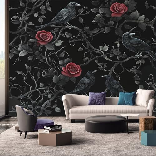 Black Gothic Wallpaper Mural, Red Rose Raven Wall Mural, Non-Woven Print Photo Wallpaper for Bedroom Living Room Decor 250x175 cm