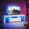SUNXURY Mueble para TV de 160 cm con iluminación LED, color blanco, mueble bajo con estante de cristal, mesa para televisión, 160 x 45 x 35 cm (ancho x alto x profundidad), color blanco