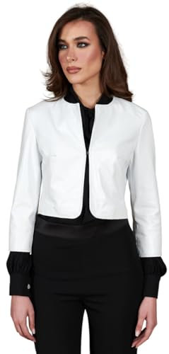 D'Arienzo Damen Bolero Lederjacke Kurze Schwarze Echtleder Made in Italy Miss XS/weiß
