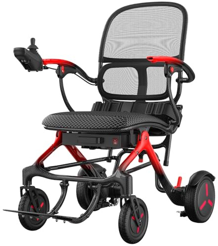 Elektrorollstuhl Faltbar Leicht Carbon: 30KM Rollstuhl Elektrisch mit Pannensichere Reifen für Allen Gelände - Elektrorollstuhl mit atmungsaktiver Rückenlehne bis 150KG (Schwarz Rot)