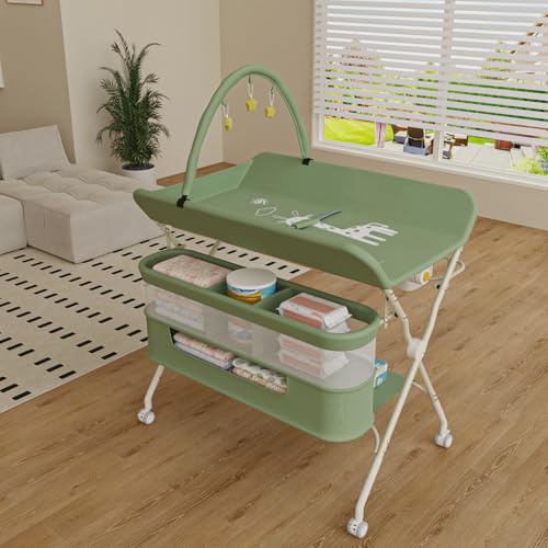 OHMG Baby Wickelkombi Mobiler Bade-Wickeltisch faltbar,klappbare Wickelkommode mobiler,Wickeltisch mit Wickelauflage schmal,Sicherheitsgurt und Ablagefächern,baby changing table