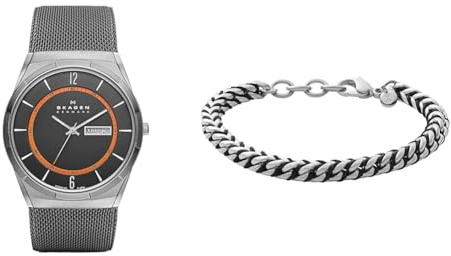 Skagen Herren Melbye Titan Graue Edelstahl Uhr und Hulsten Silberfarbener Armband, Set