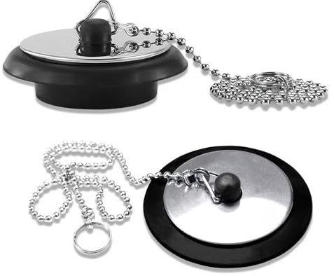 2Pcs Universal Bath Plug, Sink Plug, Bath Plug Replacement, Bathes Plugs and Chain, Drain Stopper for Bathroom and Kitchen with Stainless Steel Chain, Suitable for Bathroom and Kitchen, 42mm to 45mm