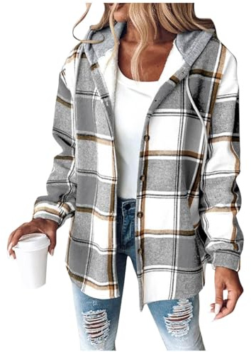 HAOLEI Women's Flannel Jackets Plaid Tartan Check Shirts Hoodies Winter Shacket Coat Long Sleeve Button Down Outdoor Patchwork Wool Blend Autumn Winter Outfits Ladies Lumberjack Jackets