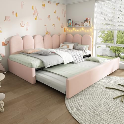 Arhatreya Canapé-lit, 90 x 200 cm, en forme de L, avec lit gigogne, 90 x 190 cm, rembourré avec sommier à lattes, lit de jour, pour salon, chambre d'amis (sans matelas), en velours, rose