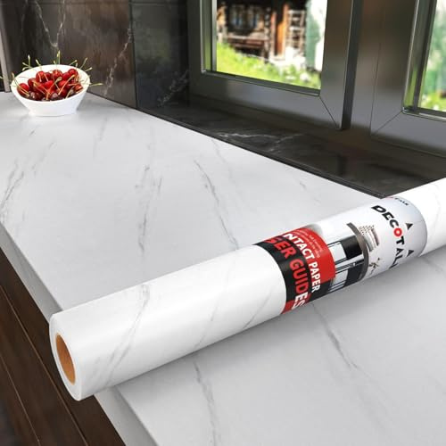 Decotalk Vinilo Adhesivo Muebles Blanco Effecto Mármol 81X500cm Vinilo Encimera Cocina Impermeable Papel Adhesivo para Muebles Blanco Papel Pintado Autoadhesivo Baño Cocina Armario Escritorio Mesa