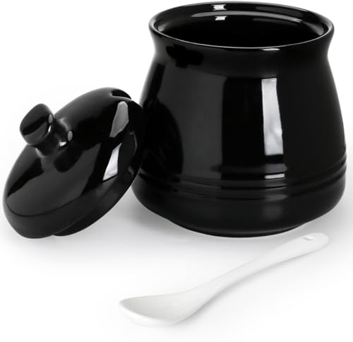 Cyimi Sugar Bowl Ceramic Sugar Jar, Black Porcelain Sugar Pot with lid and Spoon, Conditment for Kitchen Seasoning 12 oz/ 355 ml
